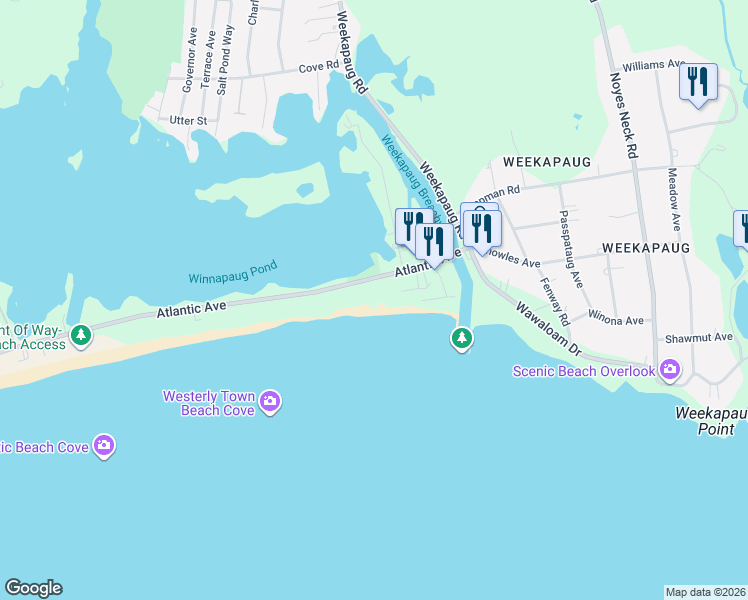 map of restaurants, bars, coffee shops, grocery stores, and more near 651 Atlantic Avenue in Westerly