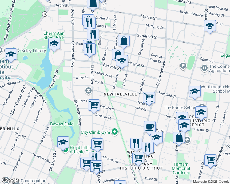 map of restaurants, bars, coffee shops, grocery stores, and more near in New Haven