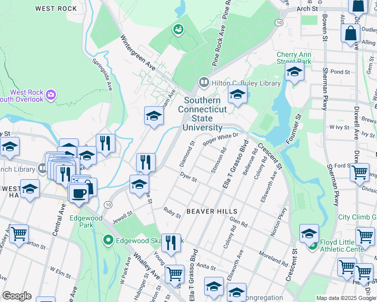 map of restaurants, bars, coffee shops, grocery stores, and more near 172 Diamond Street in New Haven