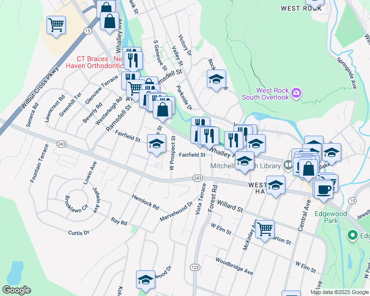 map of restaurants, bars, coffee shops, grocery stores, and more near 1206 Whalley Avenue in New Haven