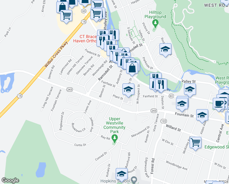 map of restaurants, bars, coffee shops, grocery stores, and more near 47 Anthony Street in New Haven
