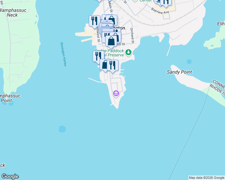 map of restaurants, bars, coffee shops, grocery stores, and more near 19 Water Street in Stonington