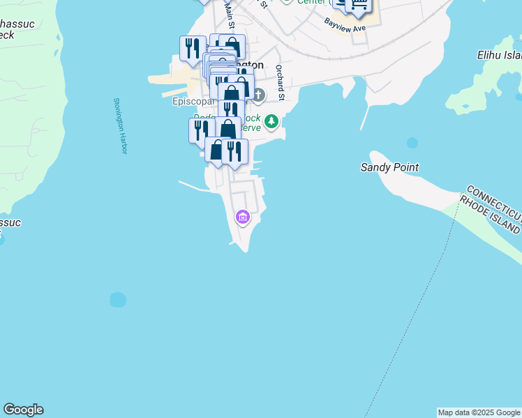 map of restaurants, bars, coffee shops, grocery stores, and more near 1 Hancox Street in Stonington