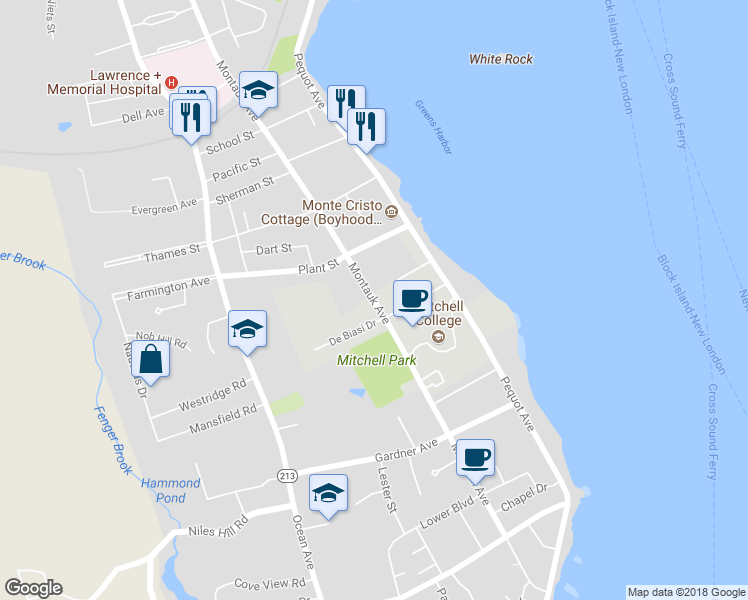 map of restaurants, bars, coffee shops, grocery stores, and more near 624 Montauk Avenue in New London