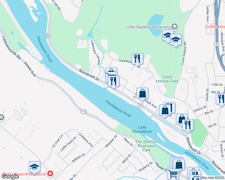 map of restaurants, bars, coffee shops, grocery stores, and more near 420 Roosevelt Drive in Derby