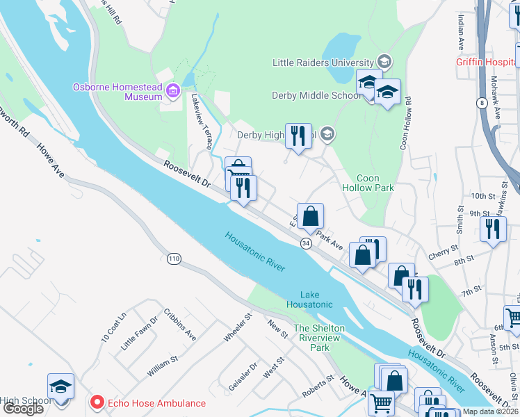 map of restaurants, bars, coffee shops, grocery stores, and more near 154 Park Avenue in Derby