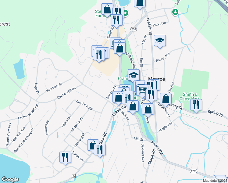 map of restaurants, bars, coffee shops, grocery stores, and more near 33 Swezey Place in Monroe
