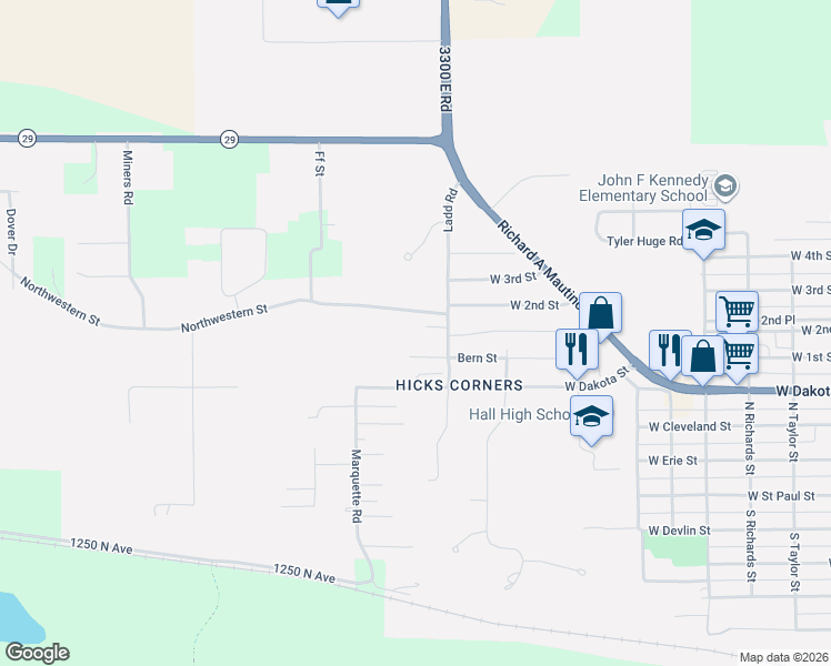 map of restaurants, bars, coffee shops, grocery stores, and more near 115 Northwestern Street in Spring Valley