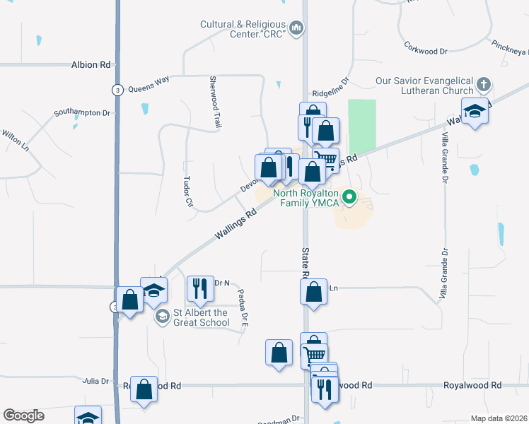 map of restaurants, bars, coffee shops, grocery stores, and more near 5775 Wallings Road in North Royalton