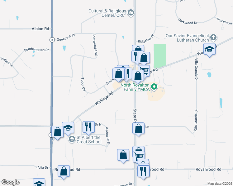 map of restaurants, bars, coffee shops, grocery stores, and more near 5775 Wallings Road in North Royalton
