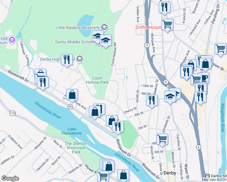map of restaurants, bars, coffee shops, grocery stores, and more near 36 Coppola Terrace in Derby