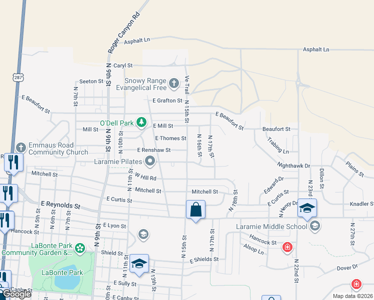 map of restaurants, bars, coffee shops, grocery stores, and more near 1449 E Renshaw St in Laramie
