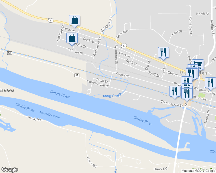 map of restaurants, bars, coffee shops, grocery stores, and more near 735 Commercial Street in Marseilles