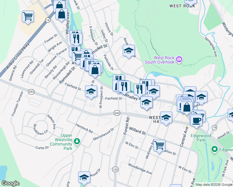 map of restaurants, bars, coffee shops, grocery stores, and more near 1190 Whalley Avenue in New Haven