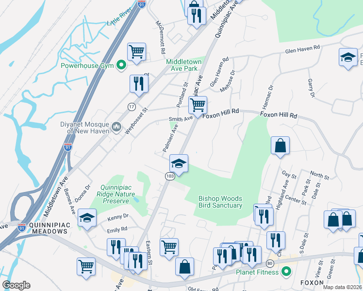 map of restaurants, bars, coffee shops, grocery stores, and more near 1597 Quinnipiac Avenue in New Haven