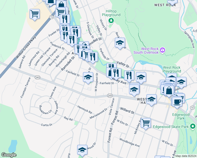 map of restaurants, bars, coffee shops, grocery stores, and more near 79 West Prospect Street in New Haven