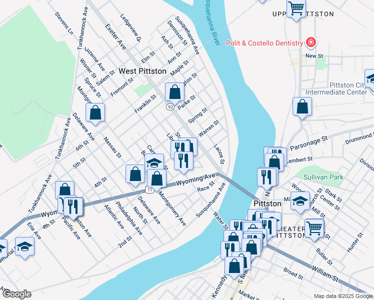 map of restaurants, bars, coffee shops, grocery stores, and more near 211 Warren Street in Luzerne County