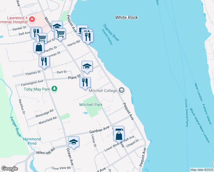 map of restaurants, bars, coffee shops, grocery stores, and more near 16 Granada Terrace in New London