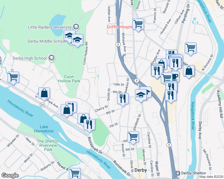 map of restaurants, bars, coffee shops, grocery stores, and more near in Derby