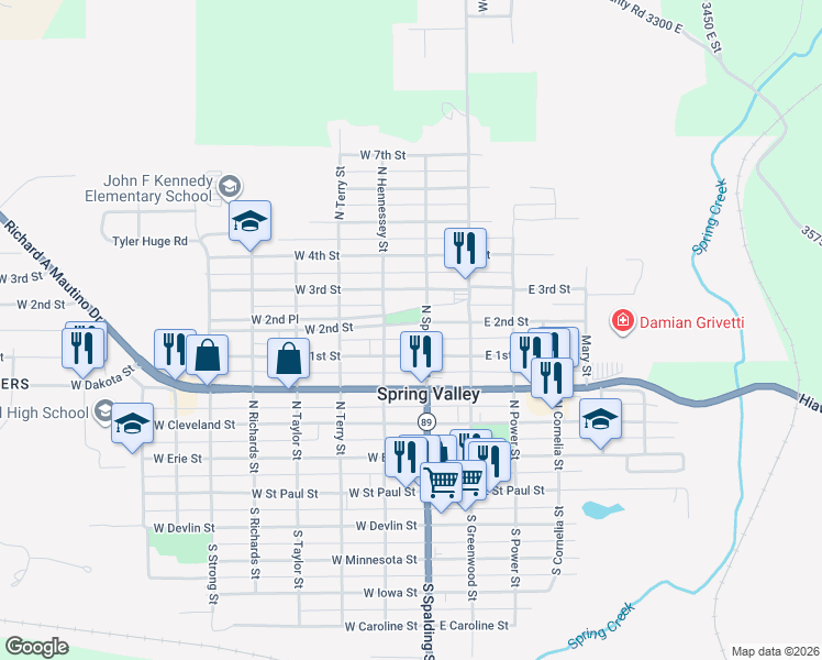 map of restaurants, bars, coffee shops, grocery stores, and more near 113 West 2nd Street in Spring Valley