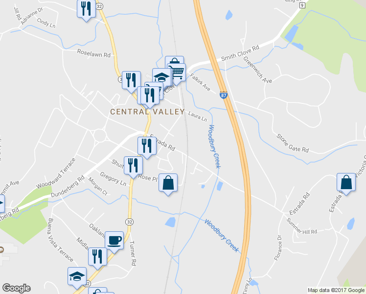 map of restaurants, bars, coffee shops, grocery stores, and more near 37 Estrada Road in Woodbury