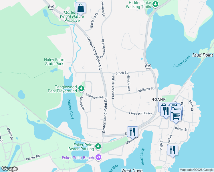 map of restaurants, bars, coffee shops, grocery stores, and more near 670 Groton Long Point Road in Groton