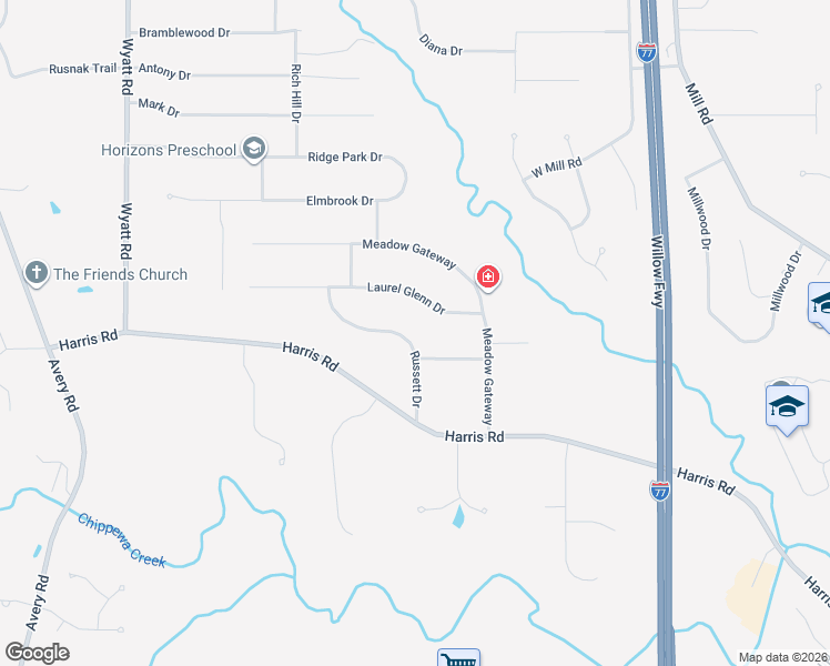map of restaurants, bars, coffee shops, grocery stores, and more near 3825 Russett Drive in Broadview Heights