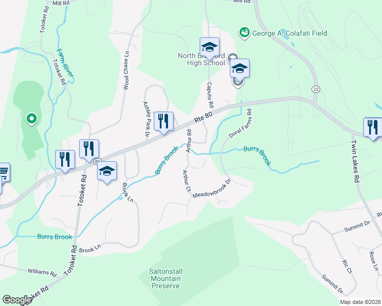 map of restaurants, bars, coffee shops, grocery stores, and more near 24 Arthur Road in North Branford