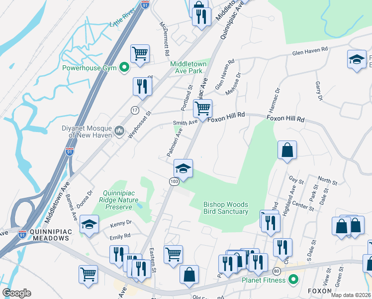 map of restaurants, bars, coffee shops, grocery stores, and more near 1597 Quinnipiac Avenue in New Haven