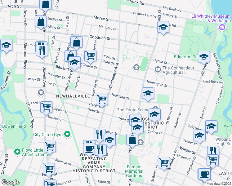 map of restaurants, bars, coffee shops, grocery stores, and more near 287 Highland Street in New Haven