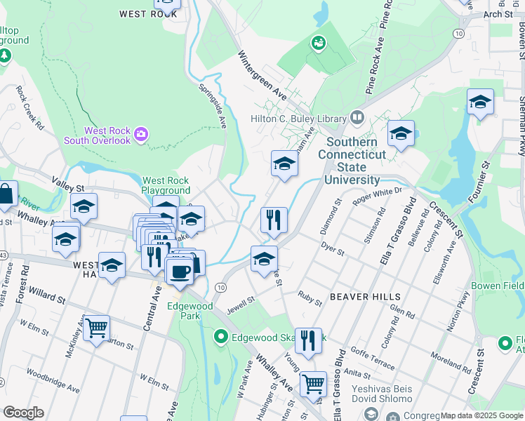 map of restaurants, bars, coffee shops, grocery stores, and more near 28 Farnham Avenue in New Haven