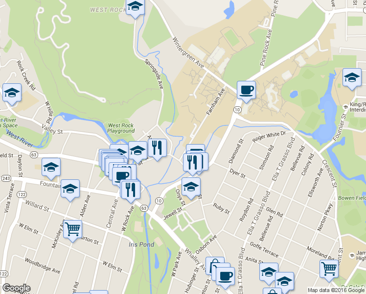 map of restaurants, bars, coffee shops, grocery stores, and more near 28 Farnham Avenue in New Haven