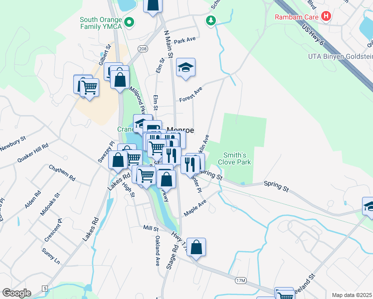 map of restaurants, bars, coffee shops, grocery stores, and more near 28 North Main Street in Monroe