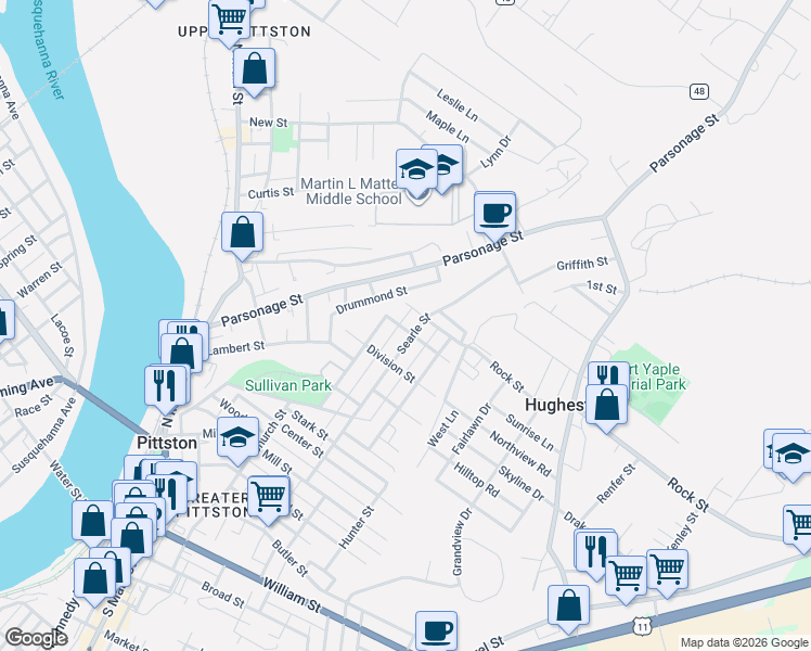 map of restaurants, bars, coffee shops, grocery stores, and more near 43 Drummond St in Pittston