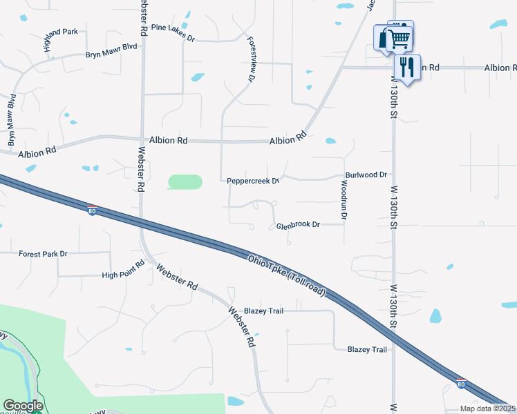 map of restaurants, bars, coffee shops, grocery stores, and more near 14145 Pinebrook Oval in Strongsville
