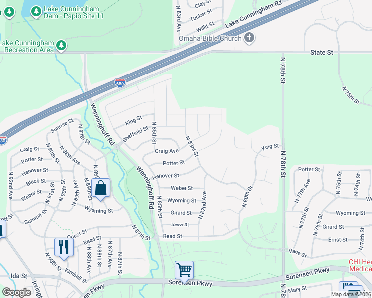 map of restaurants, bars, coffee shops, grocery stores, and more near 8315 Craig Avenue in Omaha