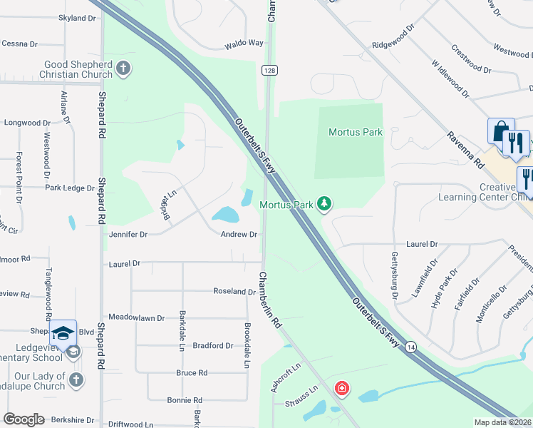 map of restaurants, bars, coffee shops, grocery stores, and more near 9617 Chamberlin Road in Twinsburg