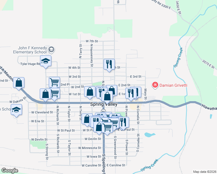 map of restaurants, bars, coffee shops, grocery stores, and more near 109 East 2nd Street in Spring Valley