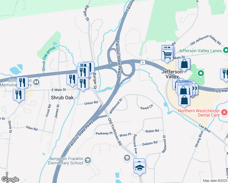 map of restaurants, bars, coffee shops, grocery stores, and more near Taconic State Parkway in Shrub Oak