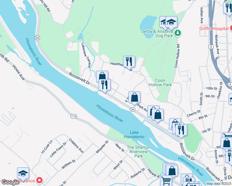 map of restaurants, bars, coffee shops, grocery stores, and more near 154 Park Avenue in Derby