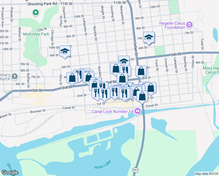 map of restaurants, bars, coffee shops, grocery stores, and more near 221 Wright Street in LaSalle