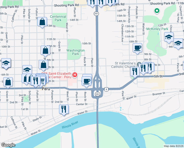 map of restaurants, bars, coffee shops, grocery stores, and more near 1200 6th Street in Peru