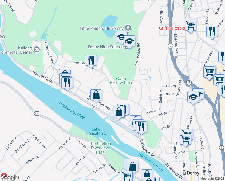 map of restaurants, bars, coffee shops, grocery stores, and more near Hawthorne Avenue & Laurel Place in Derby