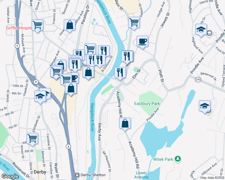 map of restaurants, bars, coffee shops, grocery stores, and more near 346 Derby Avenue in Derby