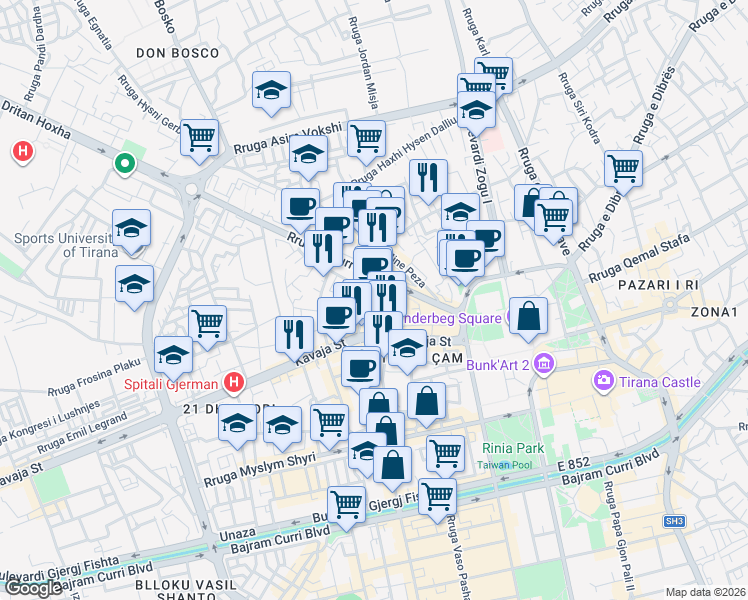 map of restaurants, bars, coffee shops, grocery stores, and more near Rruga Kont Urani in Tirana