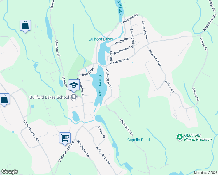 map of restaurants, bars, coffee shops, grocery stores, and more near 97 White Birch Drive in Guilford