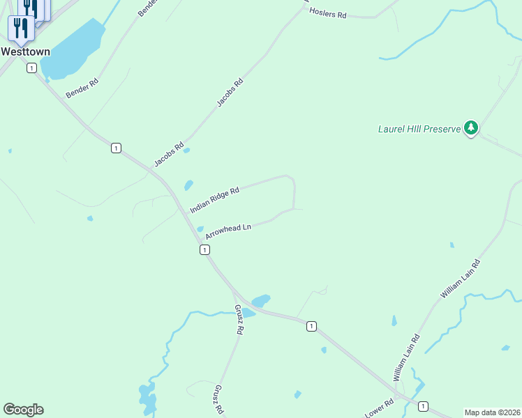map of restaurants, bars, coffee shops, grocery stores, and more near 18 Indian Ridge Road in Westtown