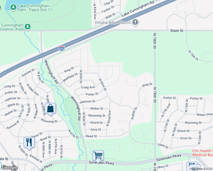 map of restaurants, bars, coffee shops, grocery stores, and more near 8226 Potter Street in Omaha