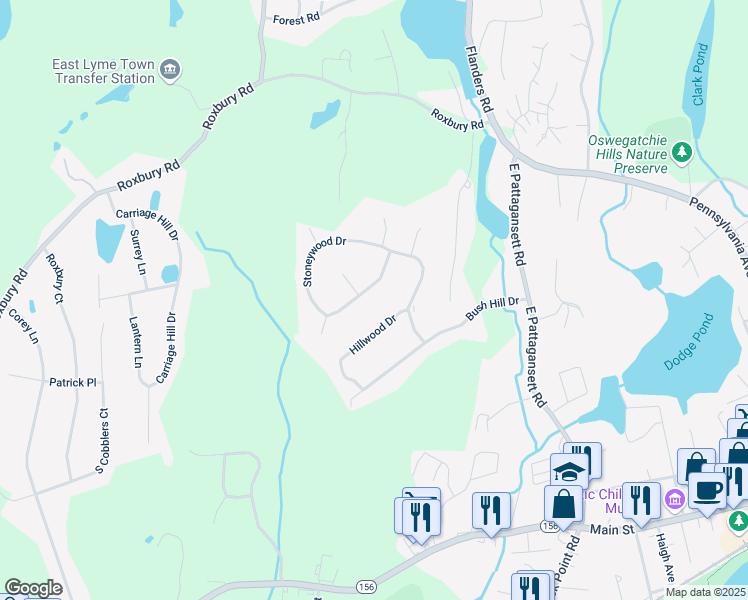 map of restaurants, bars, coffee shops, grocery stores, and more near 65 Stoneywood Drive in East Lyme