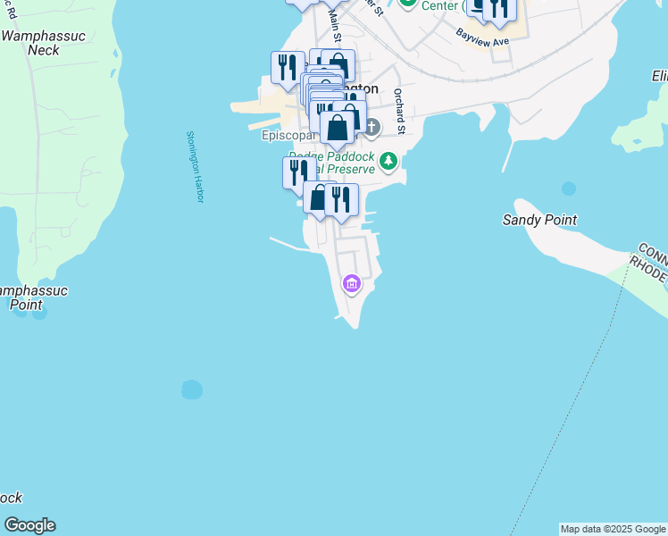 map of restaurants, bars, coffee shops, grocery stores, and more near 24 Water Street in Stonington